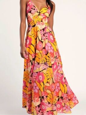 Lulus NWT Cabo Is Calling My Name Orange Floral Print Surplice Maxi Dress Sz S